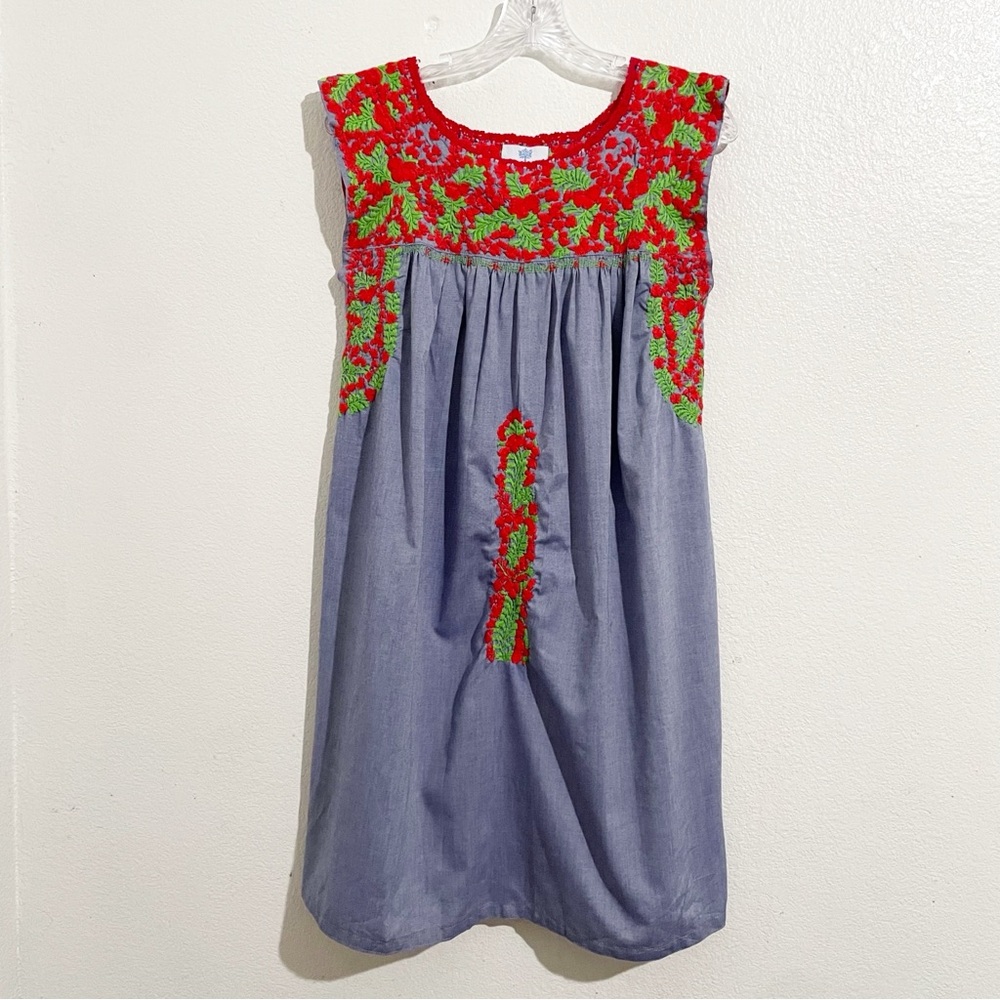 Mi Golondrina Flores Floral Embroidered Short‎ Dress in Blue Red Green